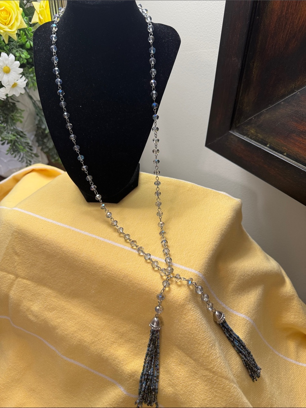 Elegant Crystal Beaded Tassel Necklace - Silver and Blue
